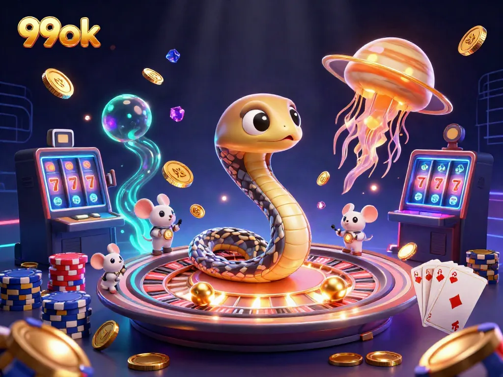 Experience vibrant cosmic gaming with 99ok's roulette wheel and whimsical characters.